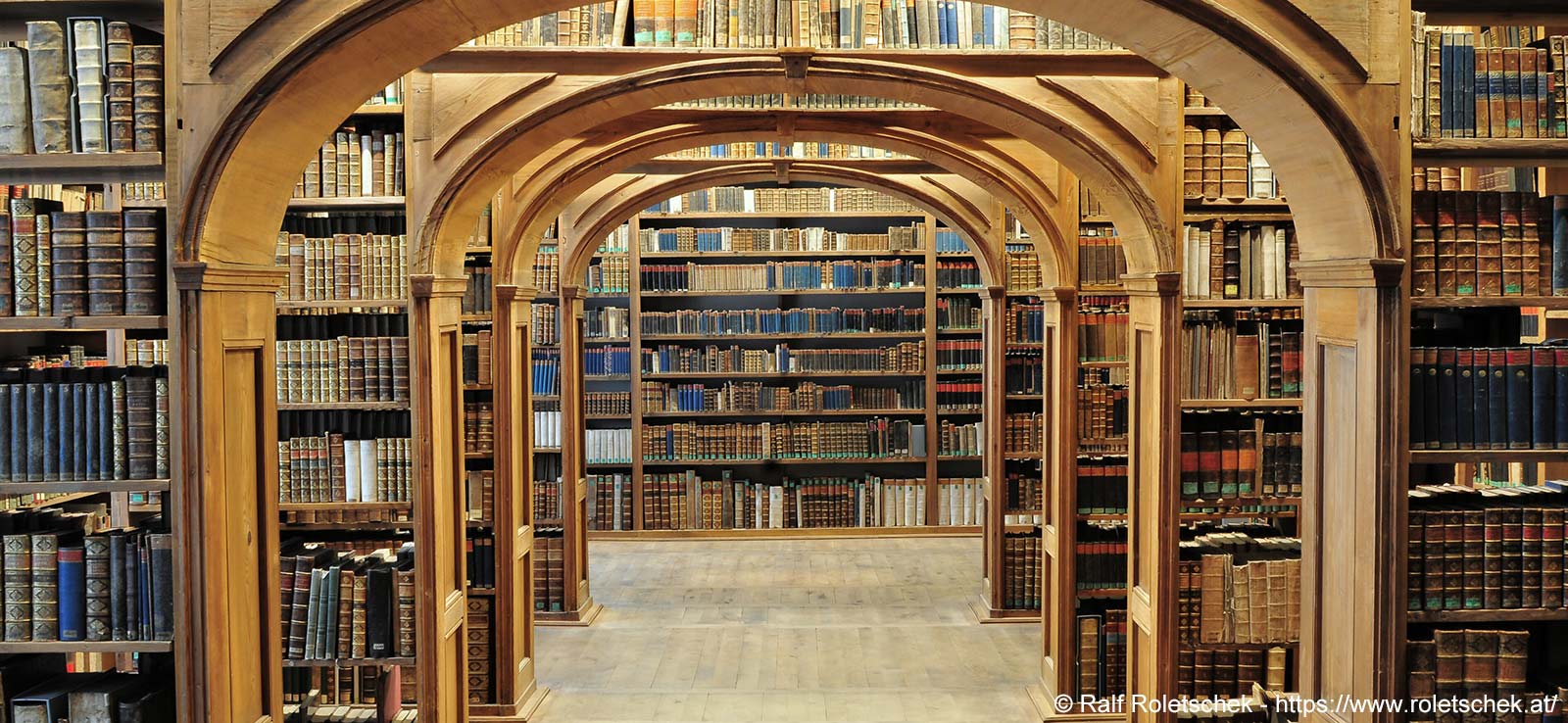Library with arched wooden shelves and many old books